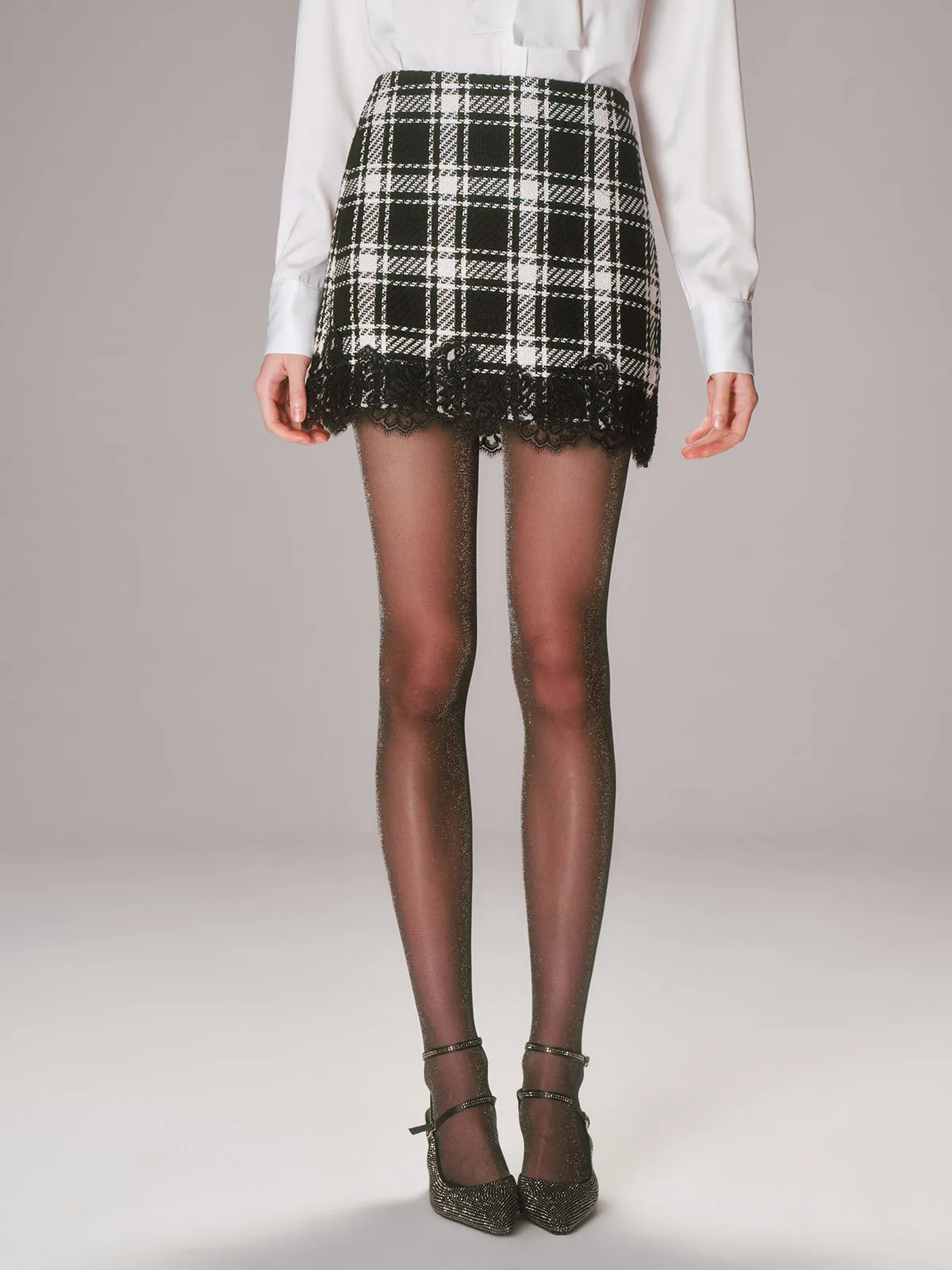 Lace Trim Plaid Tweed Mini Skirt sold by COMMENSE product image thumbnail 3
