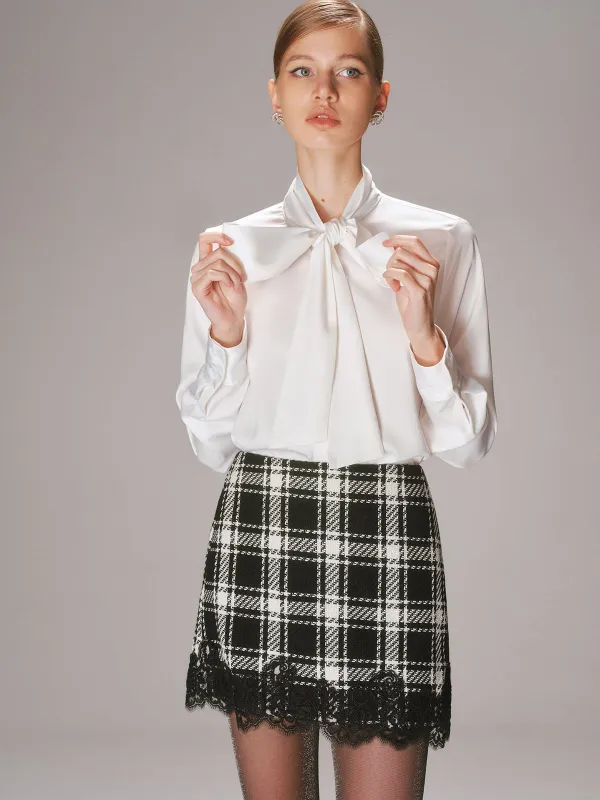 Lace Trim Plaid Tweed Mini Skirt sold by COMMENSE