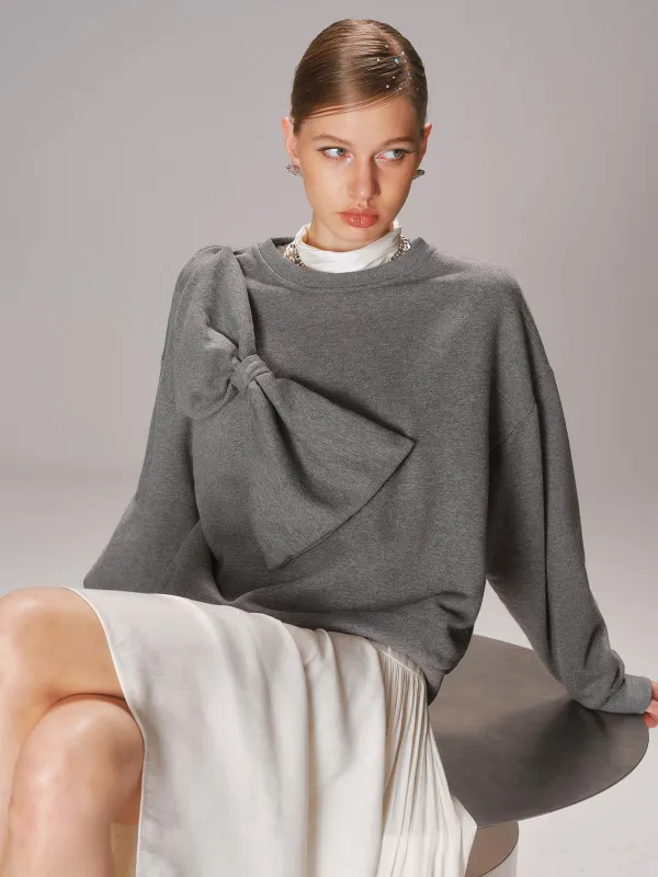 Oversized Bow Detail Crew Neck Sweatshirt sold by COMMENSE
