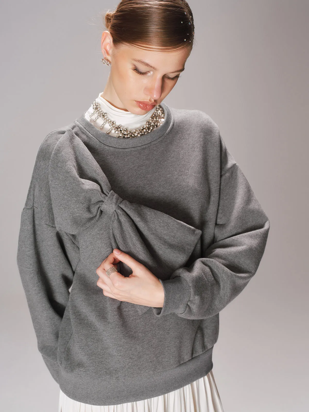 Oversized Bow Detail Crew Neck Sweatshirt sold by COMMENSE product image thumbnail 4
