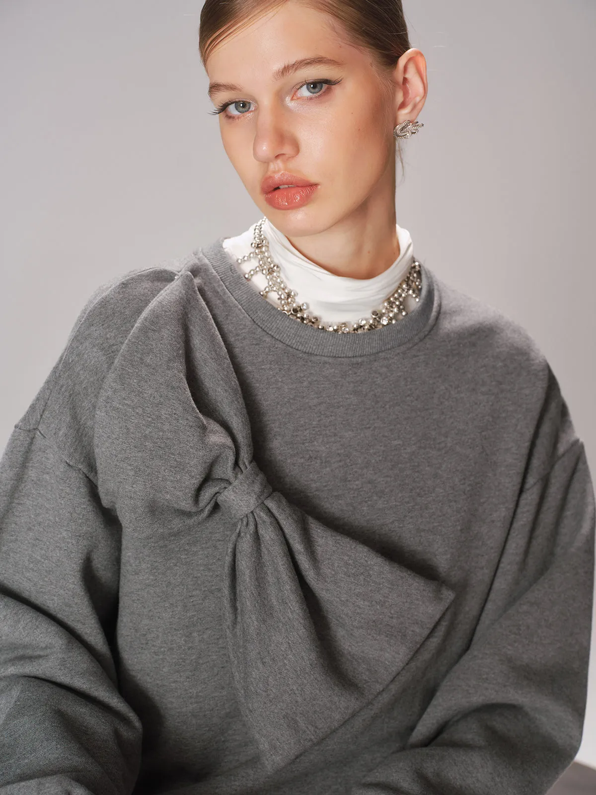 Oversized Bow Detail Crew Neck Sweatshirt sold by COMMENSE product image thumbnail 3