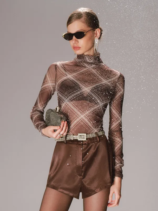 Turtleneck Sheer Mesh Plaid Long Sleeve Top sold by COMMENSE