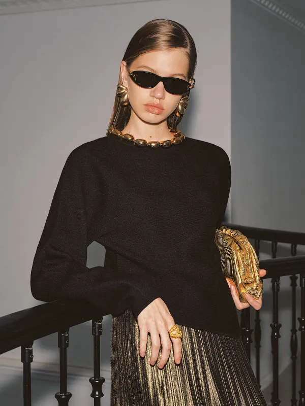 Ball Detail Neckline Long-Sleeve Sweater sold by COMMENSE