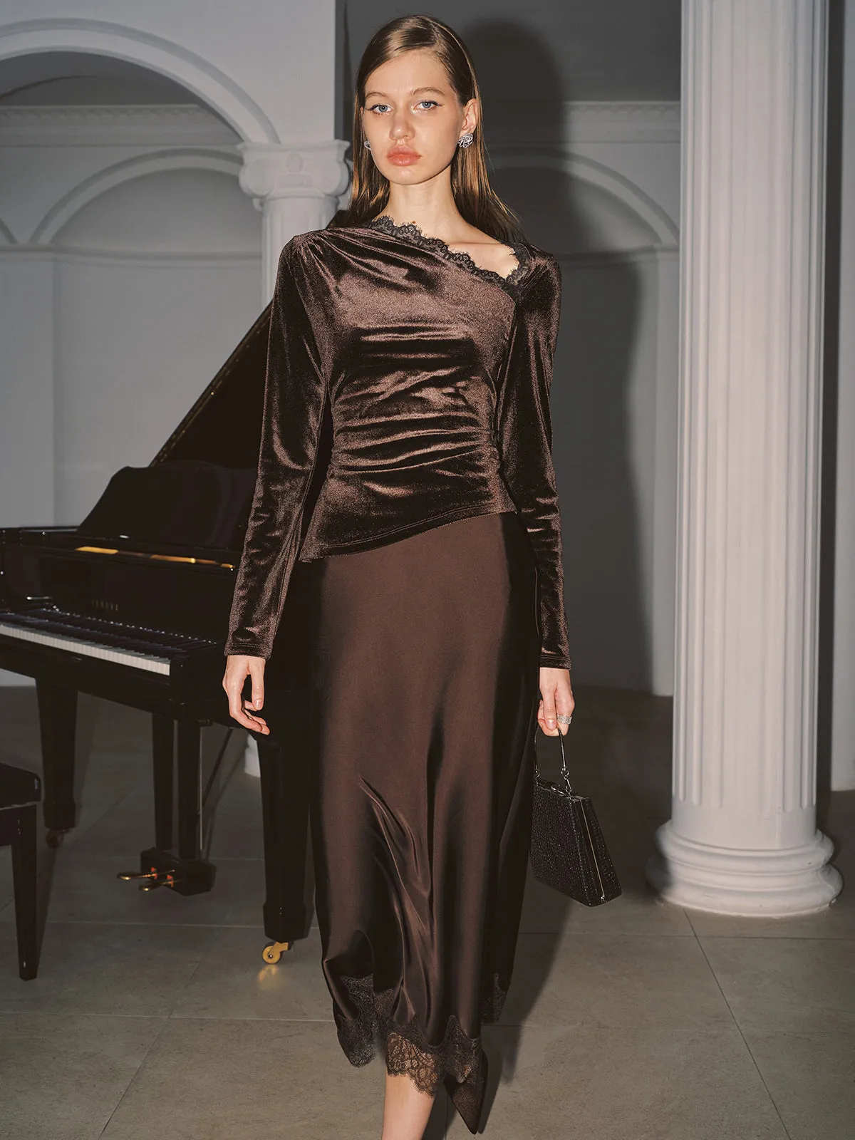 Asymmetric Lace Neckline Velvet Blouse sold by COMMENSE product image thumbnail 4