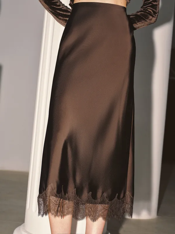 Lace Hem Satin Midi Skirt sold by COMMENSE