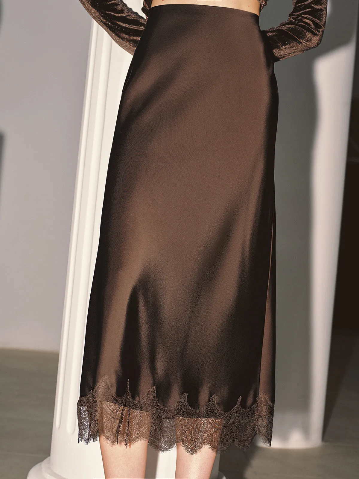 Lace Hem Satin Midi Skirt sold by COMMENSE