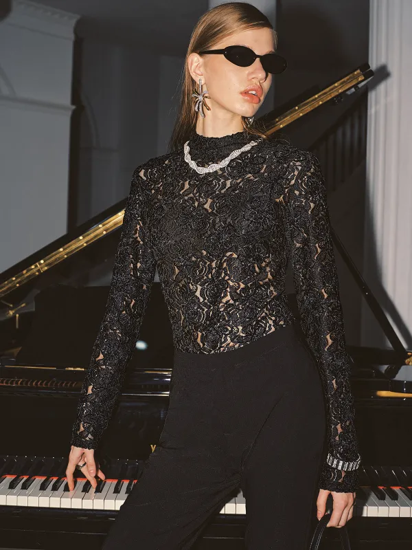 High Neck Lace Floral Long Sleeve Blouse sold by COMMENSE