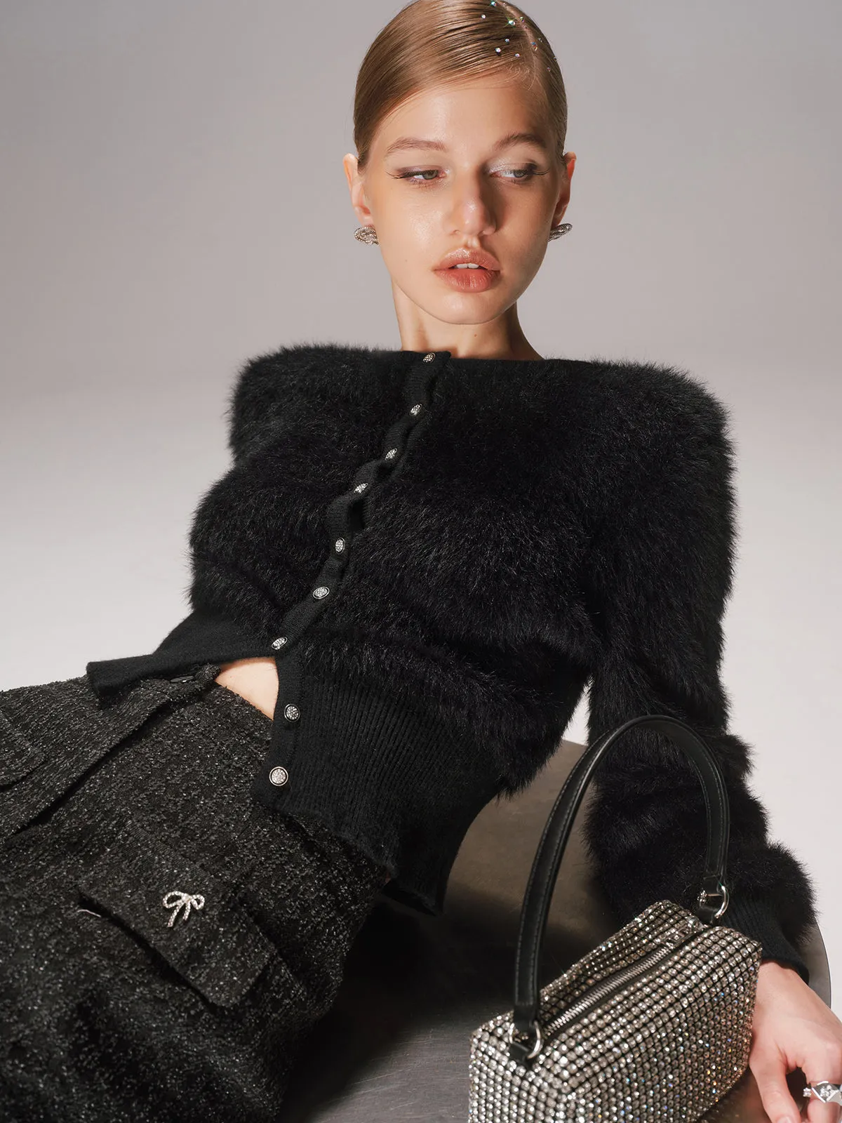 Button-Front Faux Mink Cropped Cardigan sold by COMMENSE product image thumbnail 5