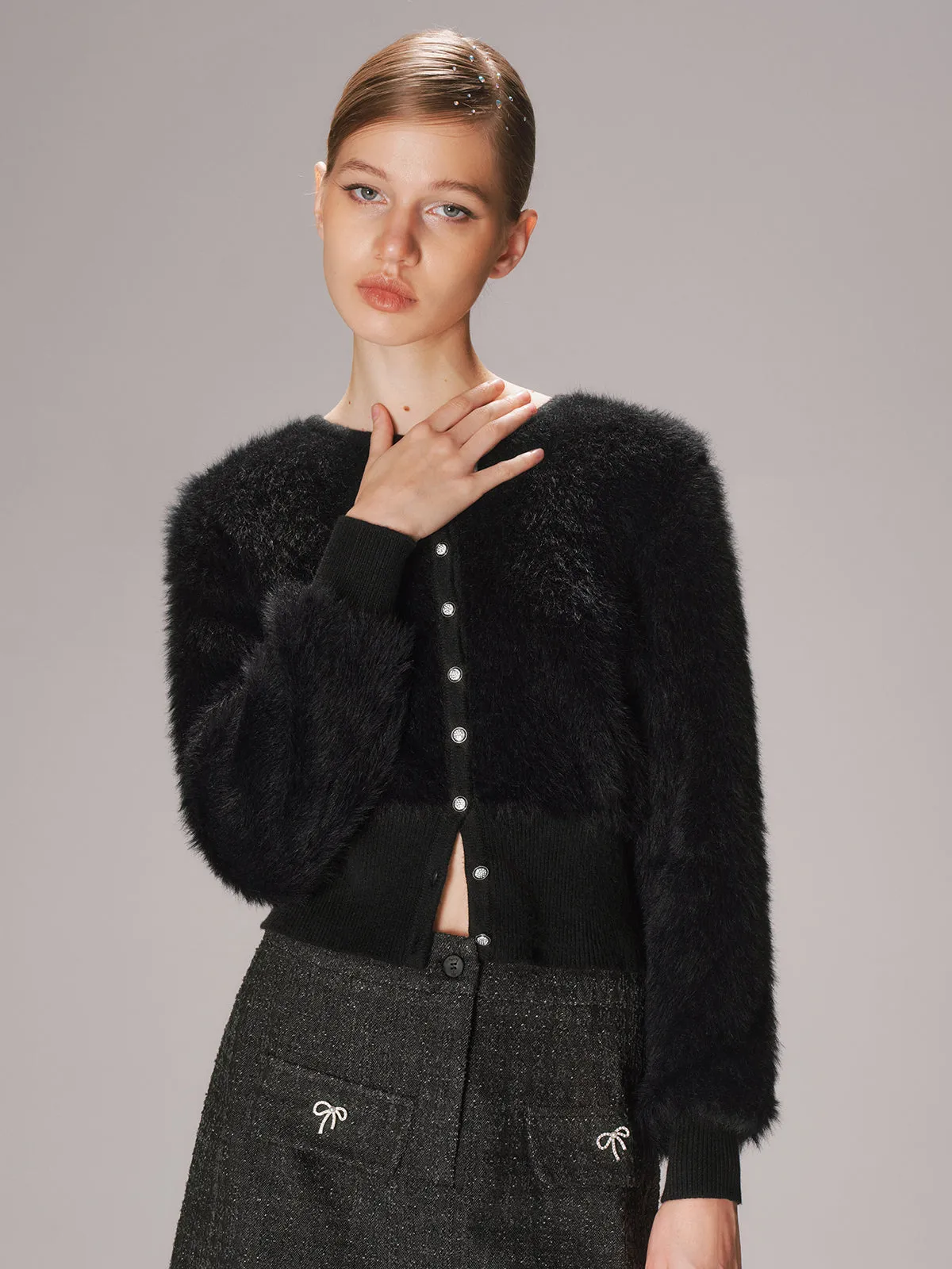 Button-Front Faux Mink Cropped Cardigan sold by COMMENSE product image thumbnail 2