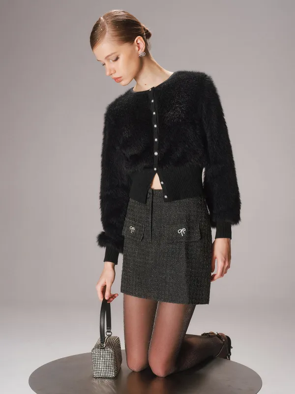 Button-Front Faux Mink Cropped Cardigan sold by COMMENSE