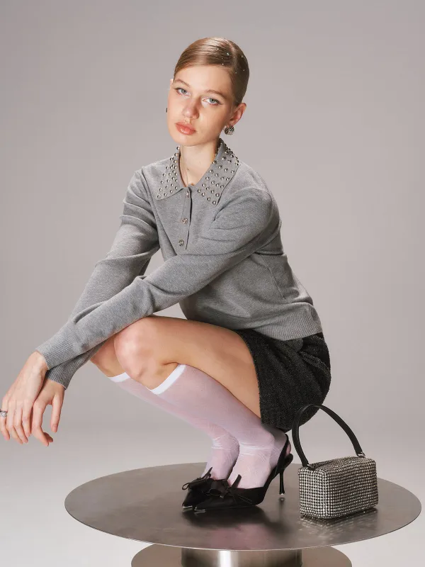 Studded Collar Wool-Blend Knit Polo Sweater sold by COMMENSE