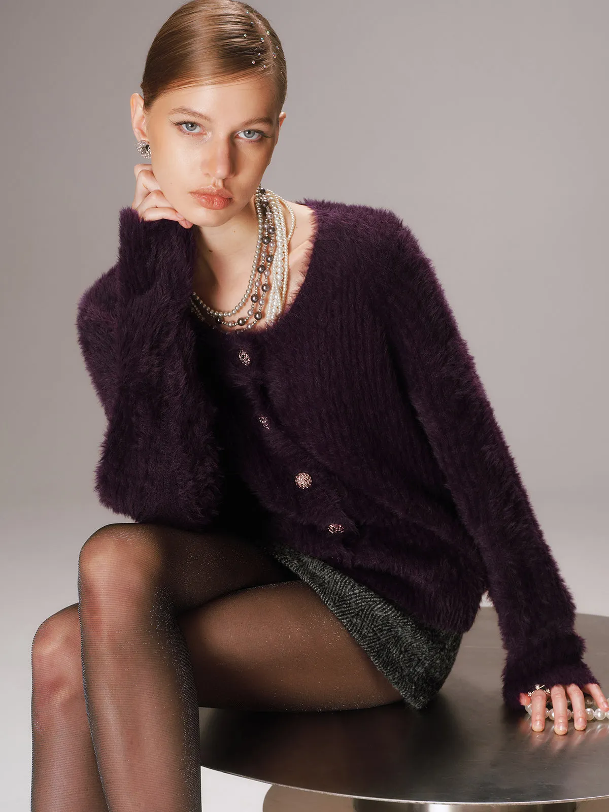 Button-Front Fuzzy Knit Cardigan sold by COMMENSE product image thumbnail 4