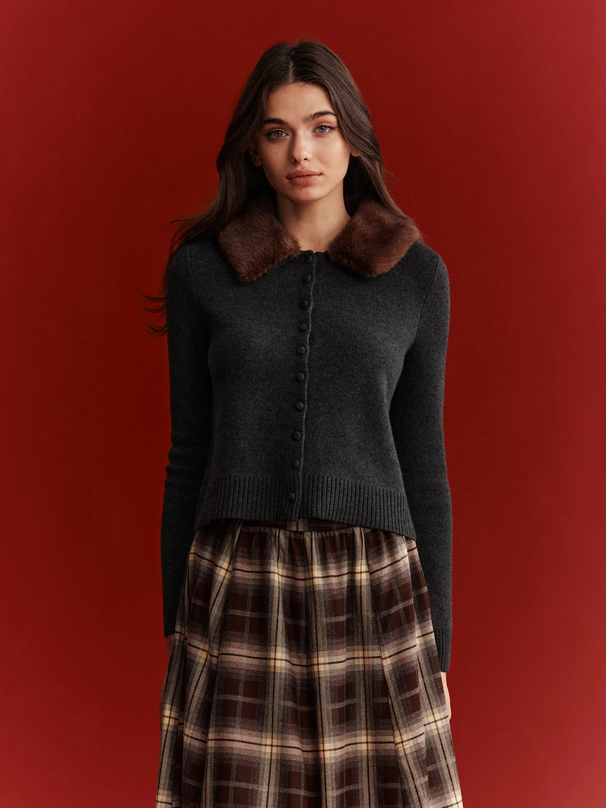 Faux Fur Collar Wool-Blend Cardigan sold by COMMENSE product image thumbnail 2