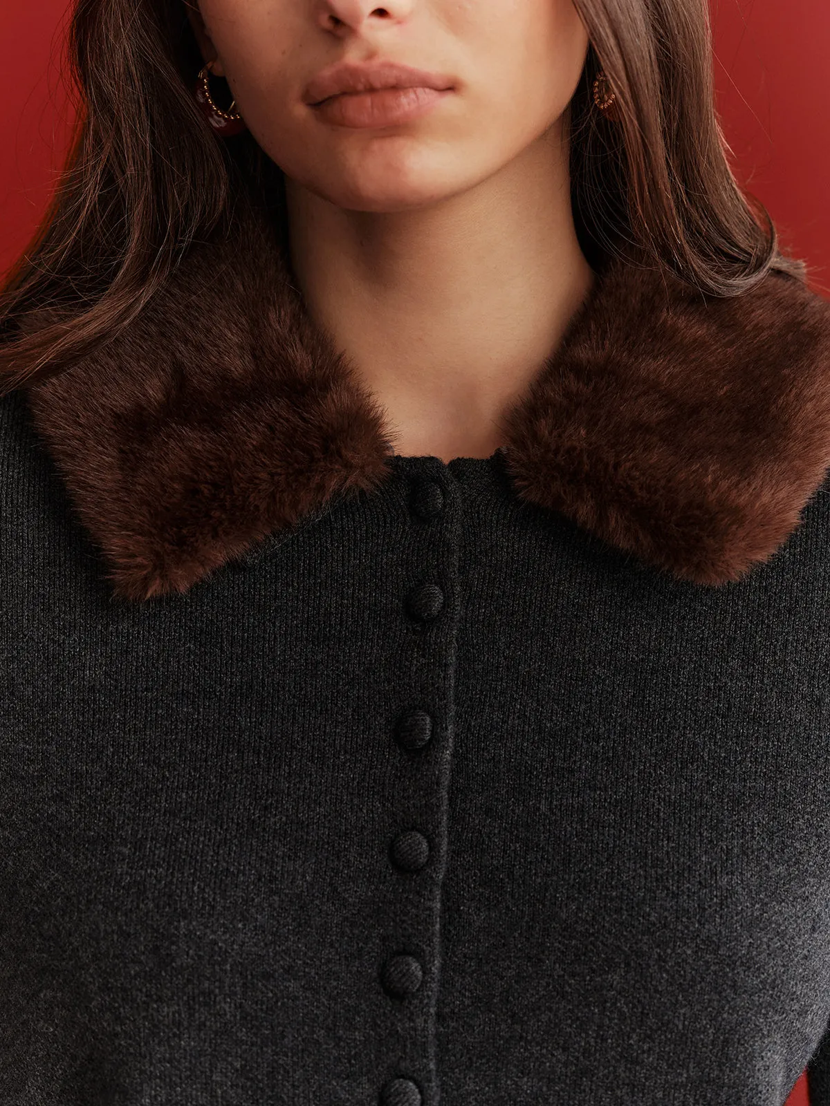 Faux Fur Collar Wool-Blend Cardigan sold by COMMENSE product image thumbnail 3