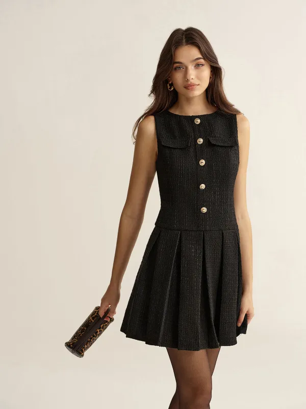 Metal Detail Tweed Pleated Mini Dress sold by COMMENSE