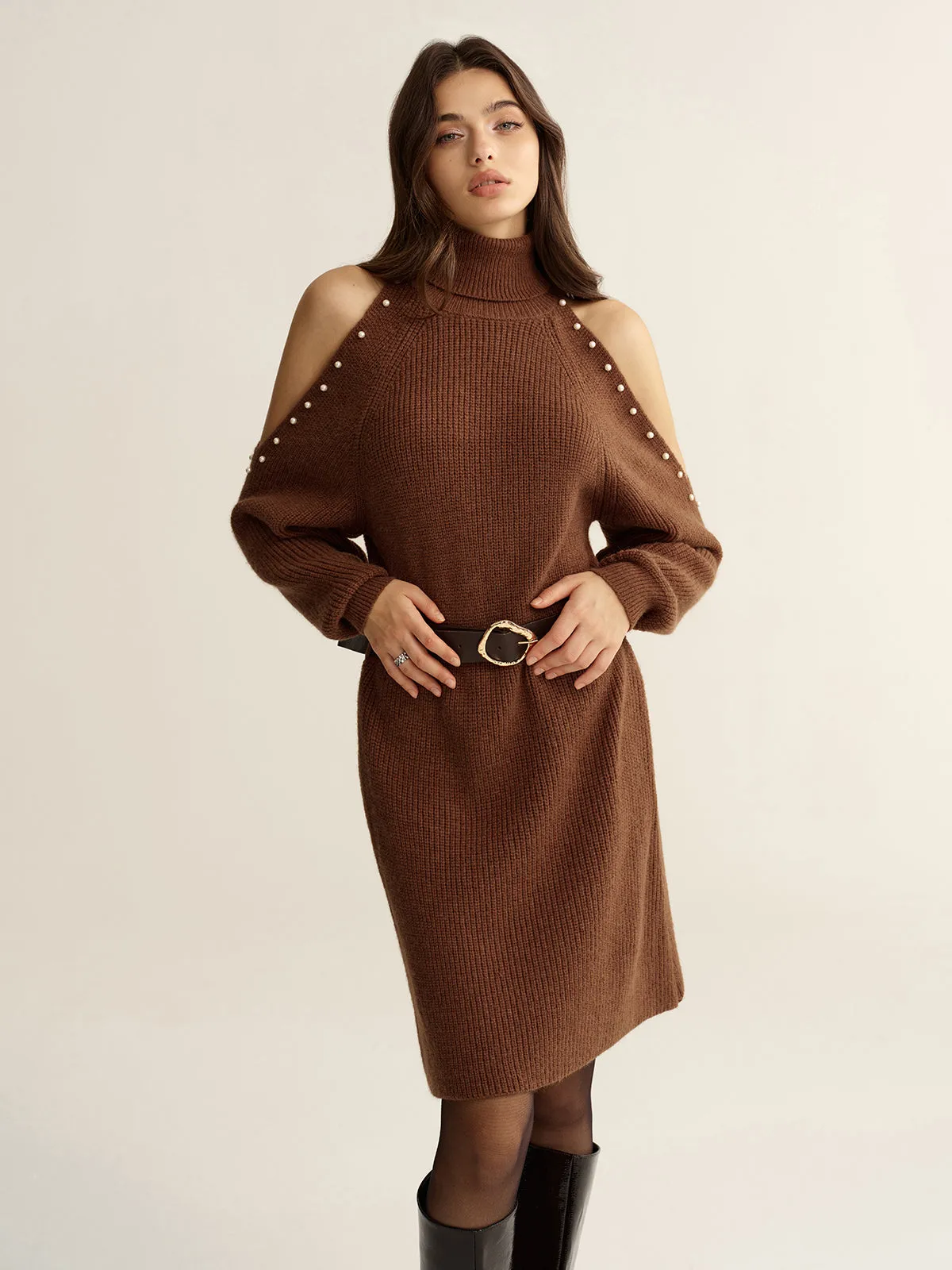 Belted Cold-Shoulder Turtleneck Knit Dress sold by COMMENSE product image thumbnail 3