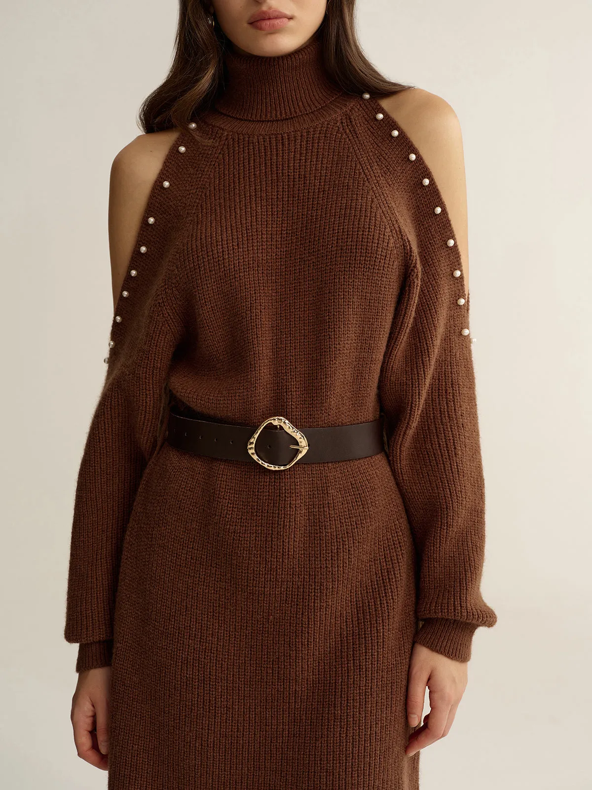 Belted Cold-Shoulder Turtleneck Knit Dress sold by COMMENSE product image thumbnail 4