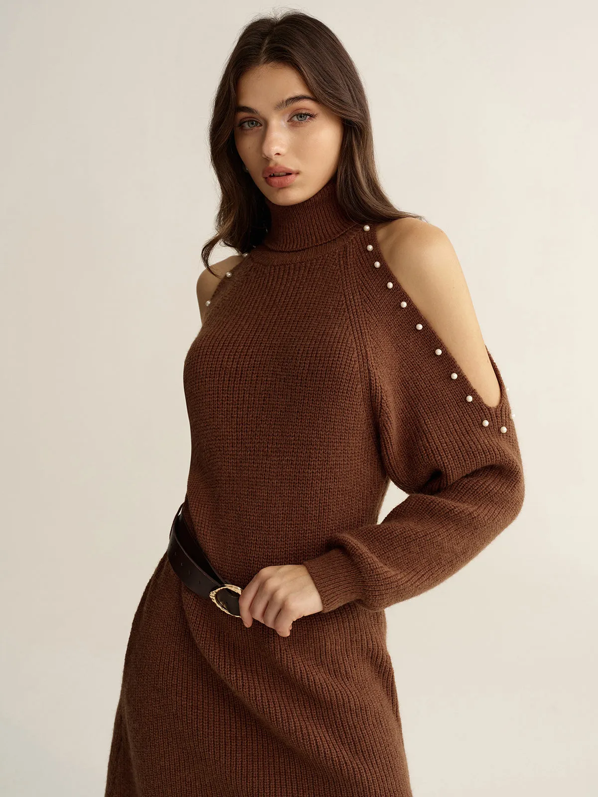 Belted Cold-Shoulder Turtleneck Knit Dress sold by COMMENSE