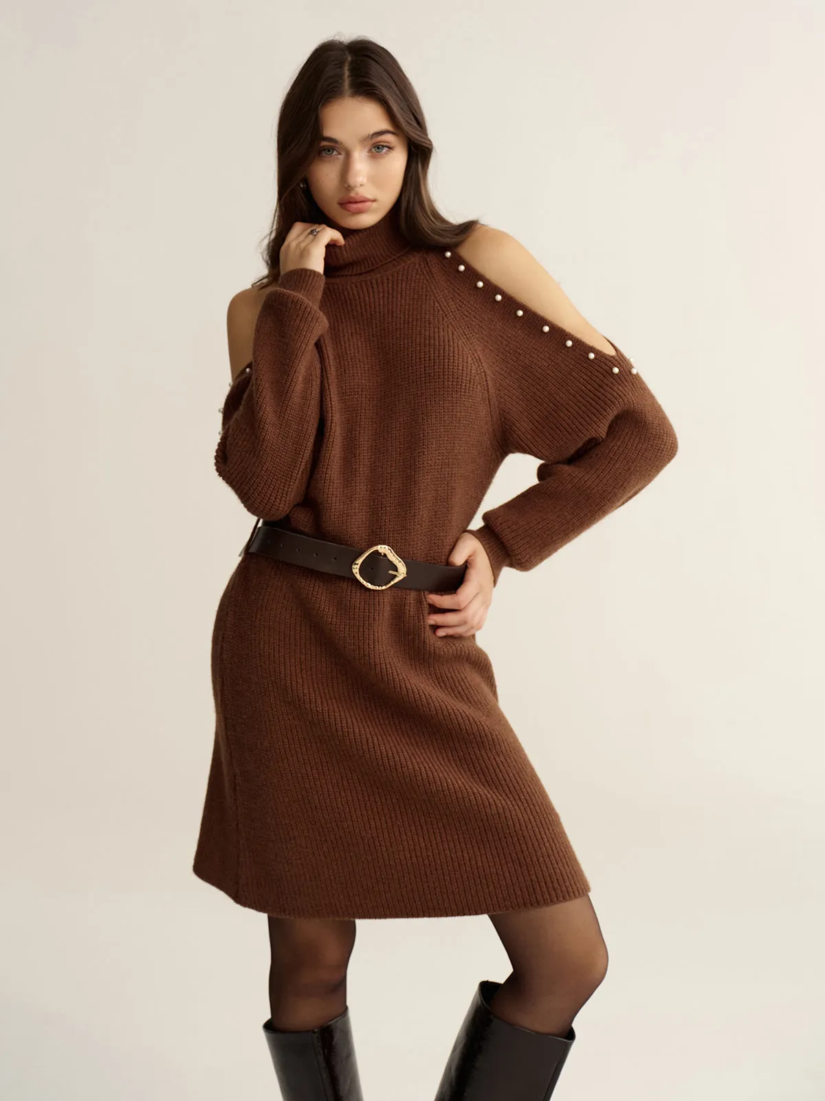 Belted Cold-Shoulder Turtleneck Knit Dress sold by COMMENSE product image thumbnail 2