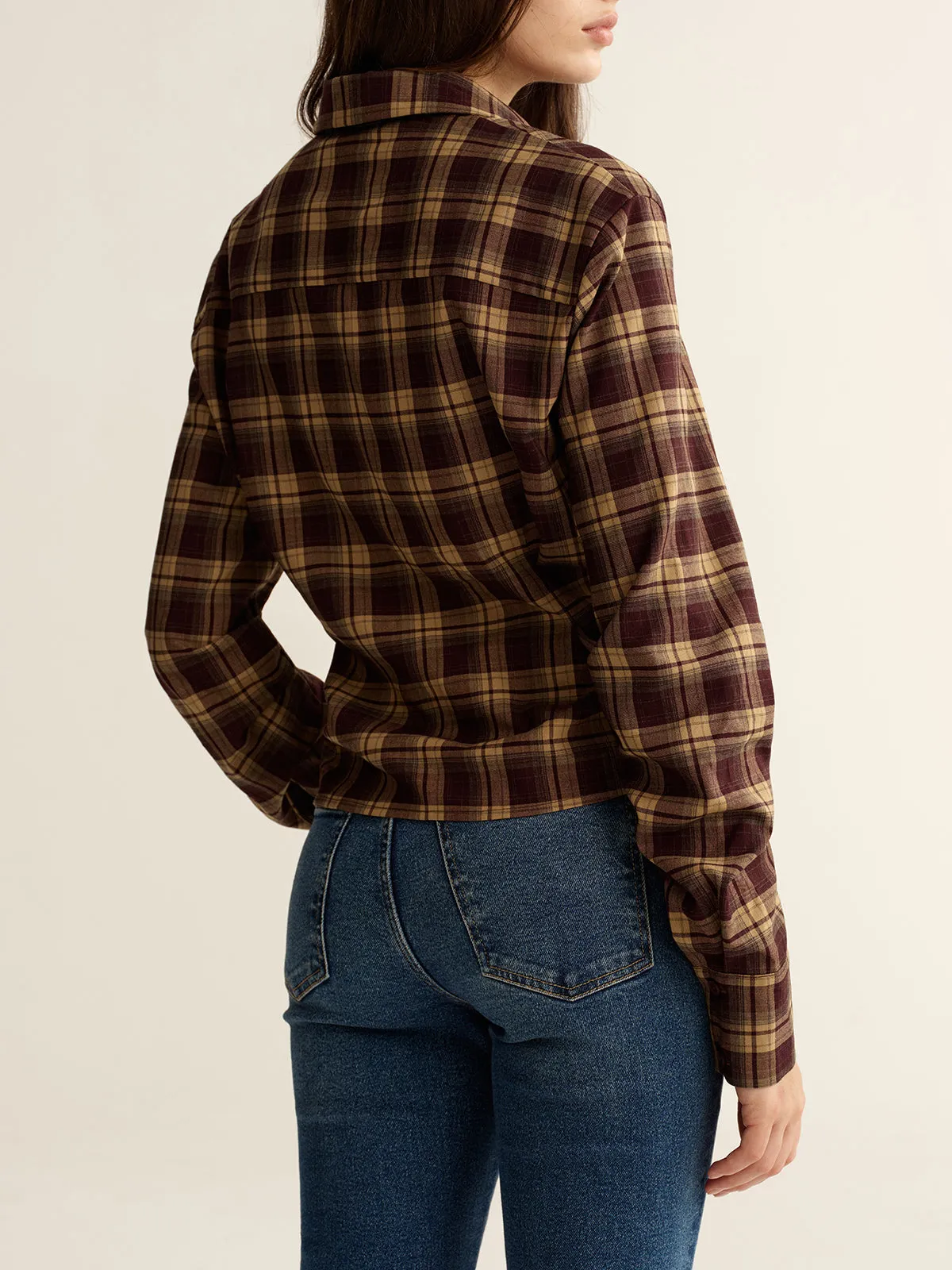 Knot Detail Button-Front Plaid Cropped Shirt sold by COMMENSE product image thumbnail 3