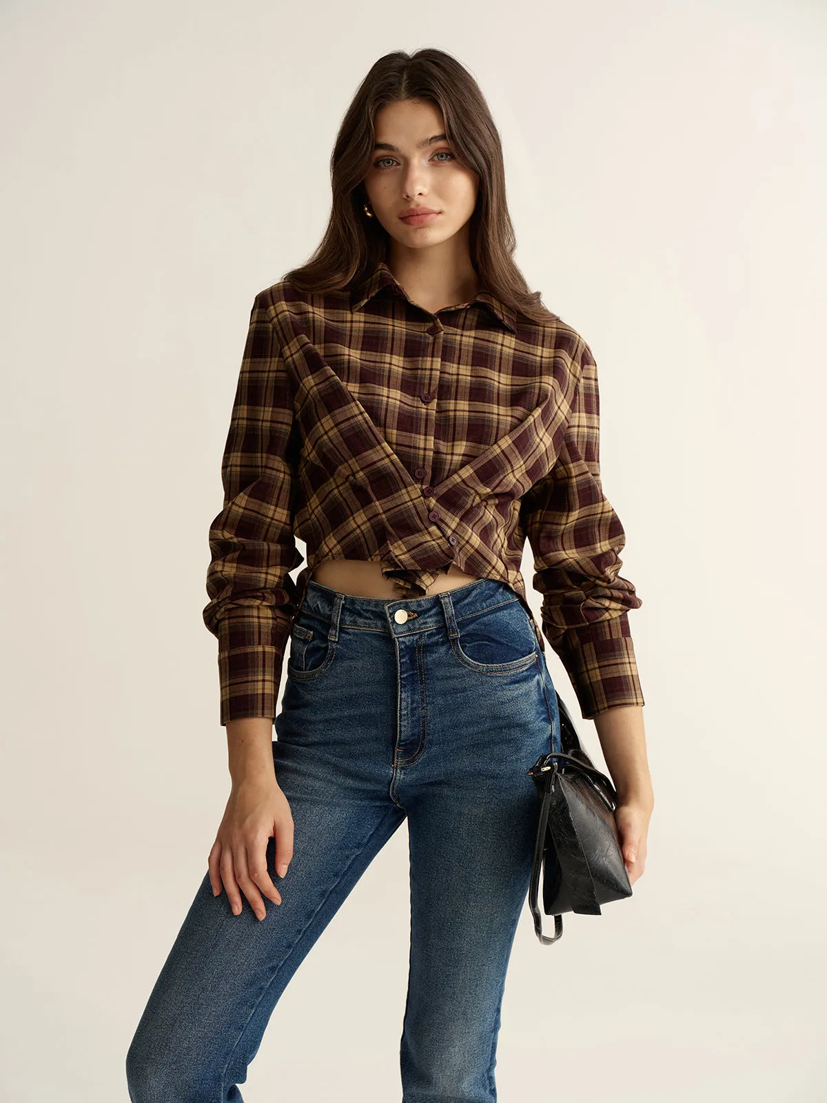 Knot Detail Button-Front Plaid Cropped Shirt sold by COMMENSE product image thumbnail 4