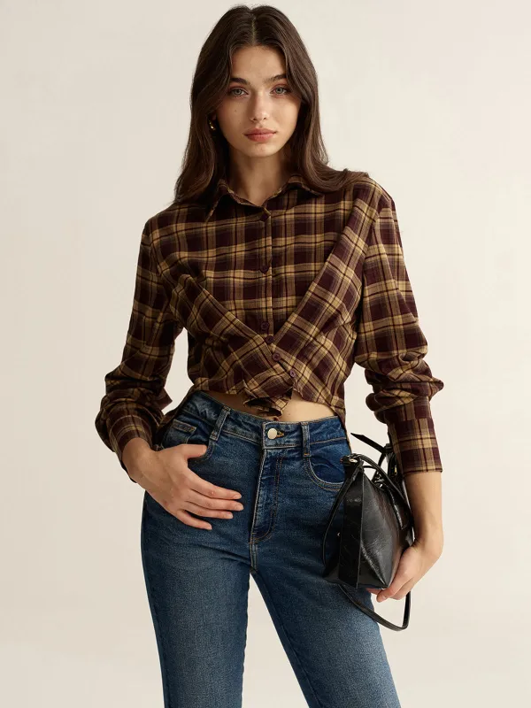 Knot Detail Button-Front Plaid Cropped Shirt sold by COMMENSE