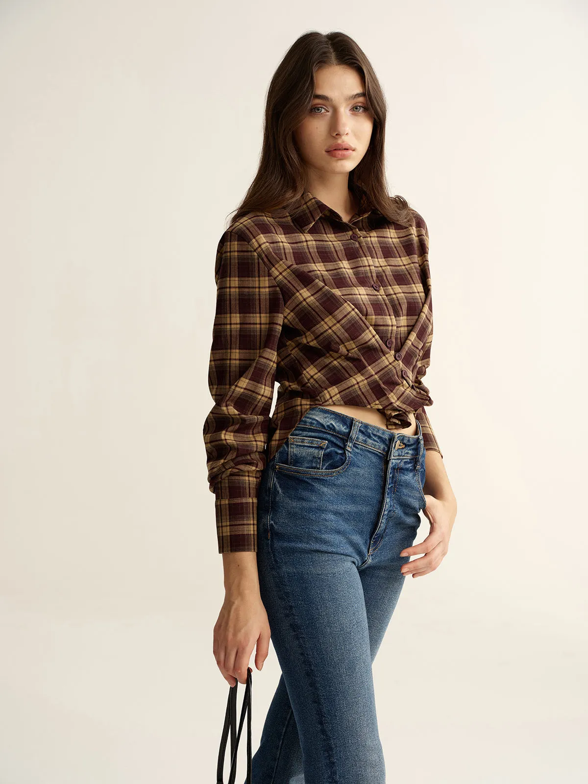 Knot Detail Button-Front Plaid Cropped Shirt sold by COMMENSE product image thumbnail 5