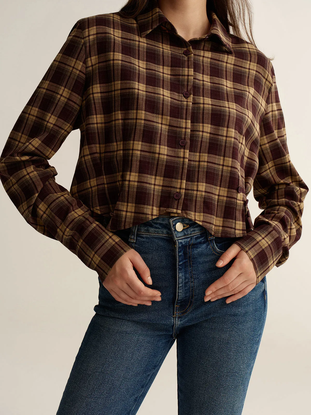 Knot Detail Button-Front Plaid Cropped Shirt sold by COMMENSE product image thumbnail 2