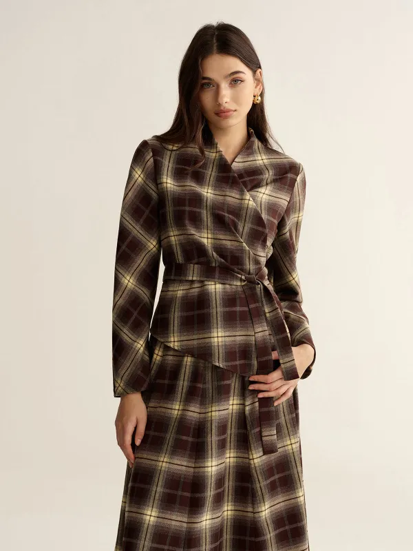 Asymmetric Plaid Wrap Fitted Shirt sold by COMMENSE