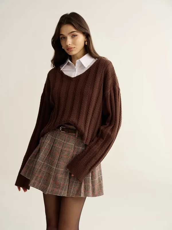 Loose V-Neck Textured Sweater sold by COMMENSE