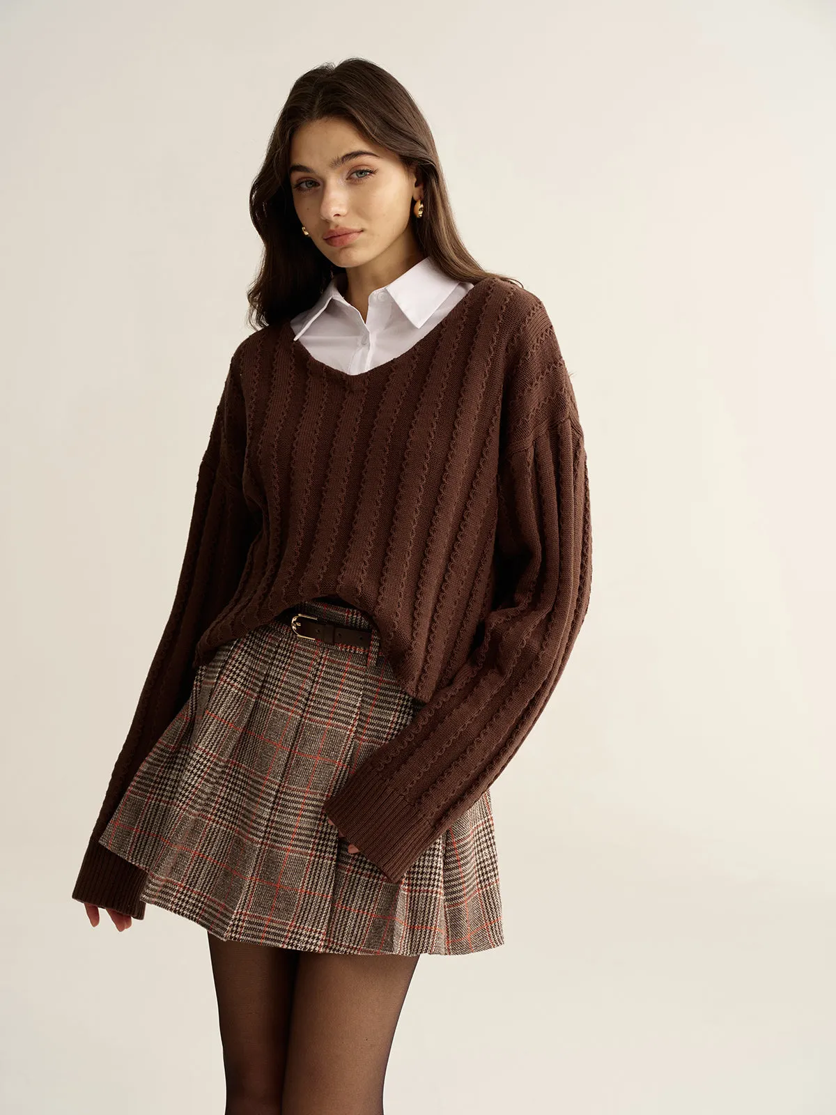 Loose V-Neck Textured Sweater sold by COMMENSE