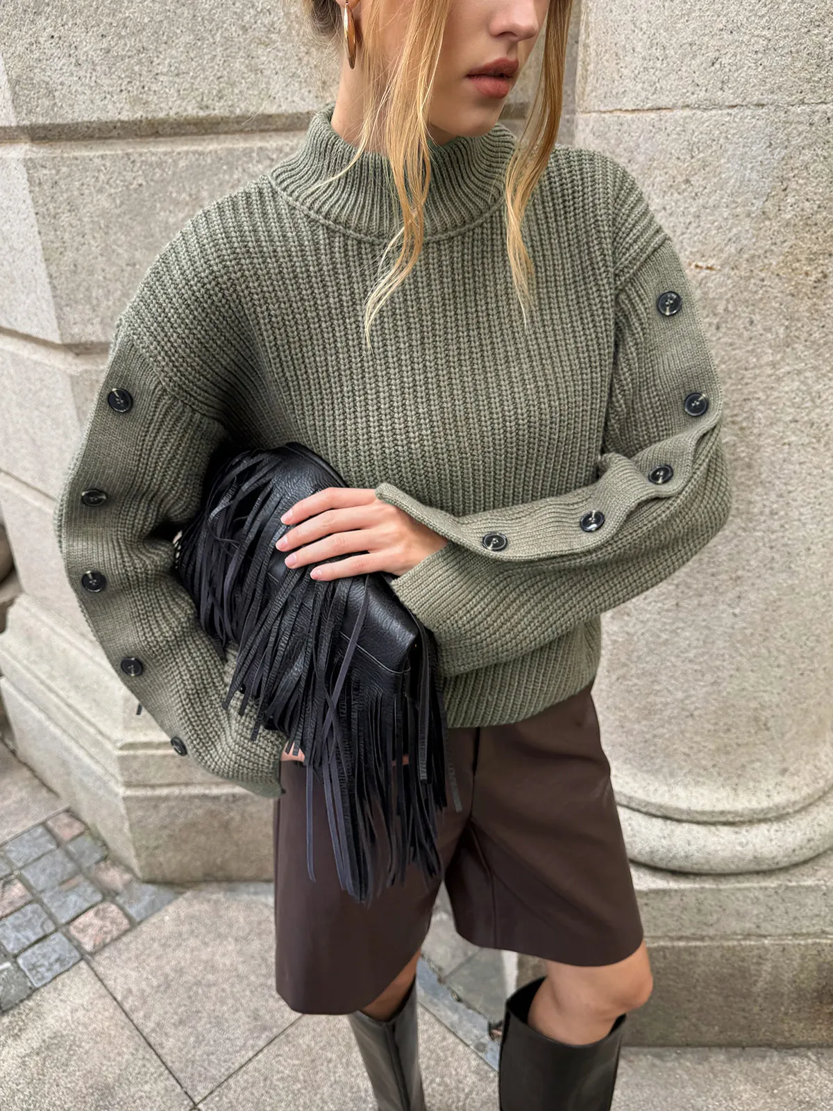 Mock Neck Button-Detail Sleeve Sweater sold by COMMENSE