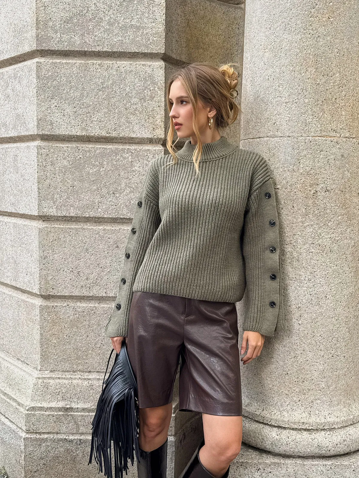 Mock Neck Button-Detail Sleeve Sweater sold by COMMENSE product image thumbnail 5