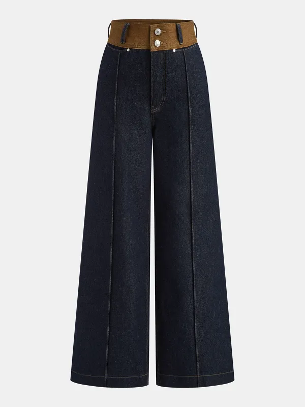 Contrast Waistband Denim Straight-Leg Pants sold by COMMENSE
