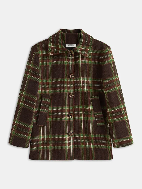 Collared Plaid Button-Front Coat sold by COMMENSE