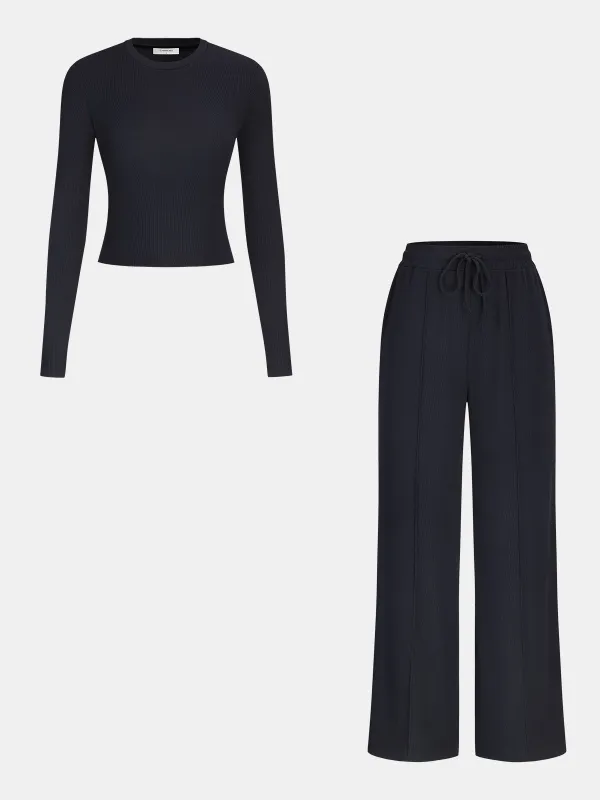 Ribbed Knit Top and Drawstring Pants Set sold by COMMENSE