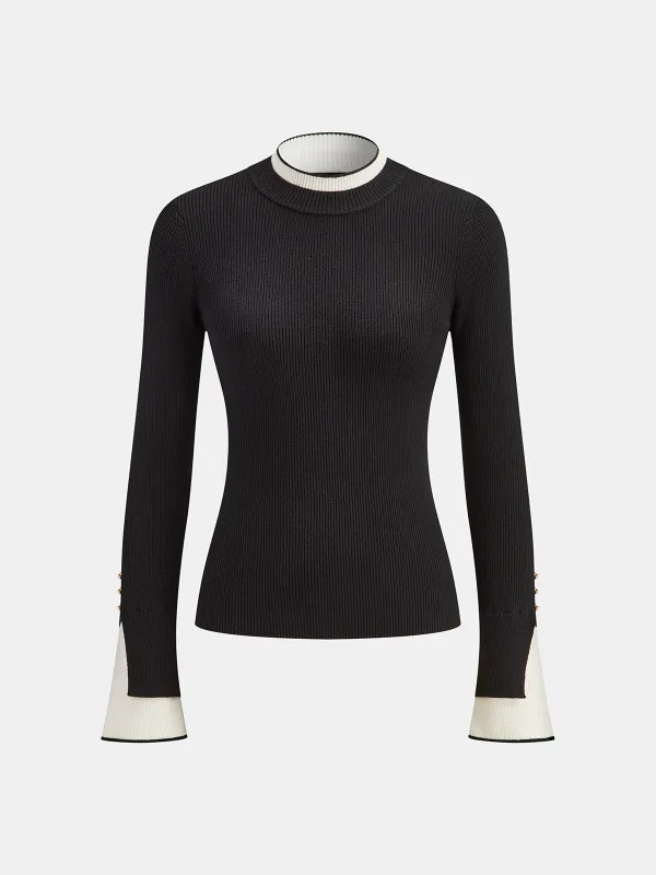 2 in 1 Contrast Cuff Mock Neck Ribbed Knit Top sold by COMMENSE