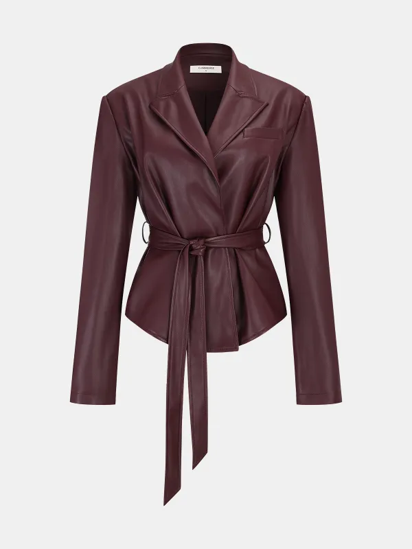 Lapel Faux Leather Belted Jacket sold by COMMENSE