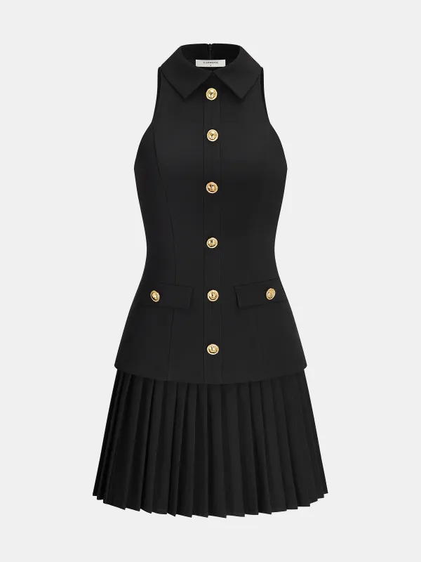 Pleated Panel Collared Sleeveless Mini Dress sold by COMMENSE