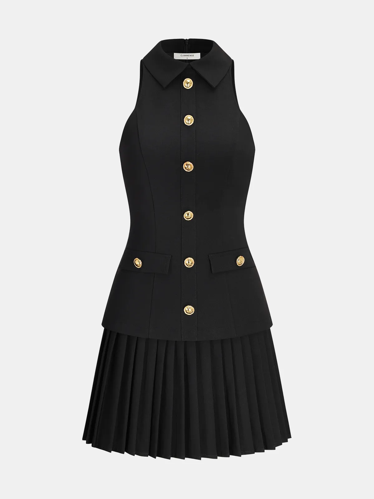 Pleated Panel Collared Sleeveless Mini Dress sold by COMMENSE