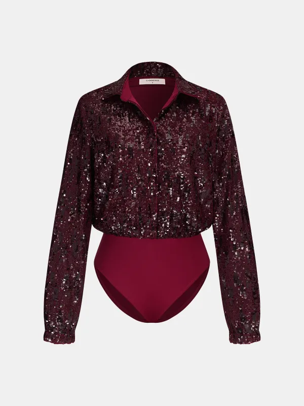 Collared Long Sleeve Sequin Bodysuit sold by COMMENSE