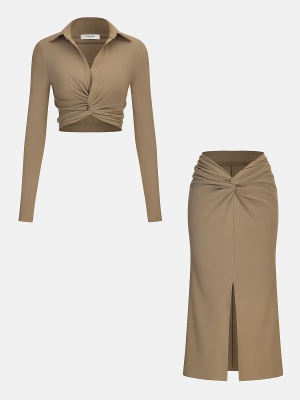 Knit Twisted Cropped Top and Skirt Set sold by COMMENSE