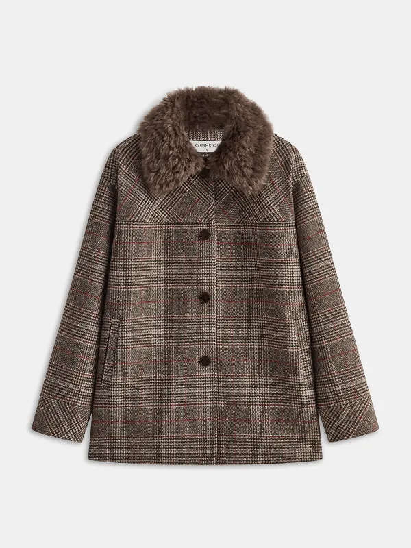 Faux Fur Collar Plaid Coat sold by COMMENSE