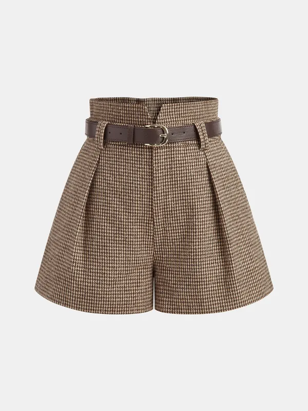 Belted Houndstooth Tweed Shorts sold by COMMENSE