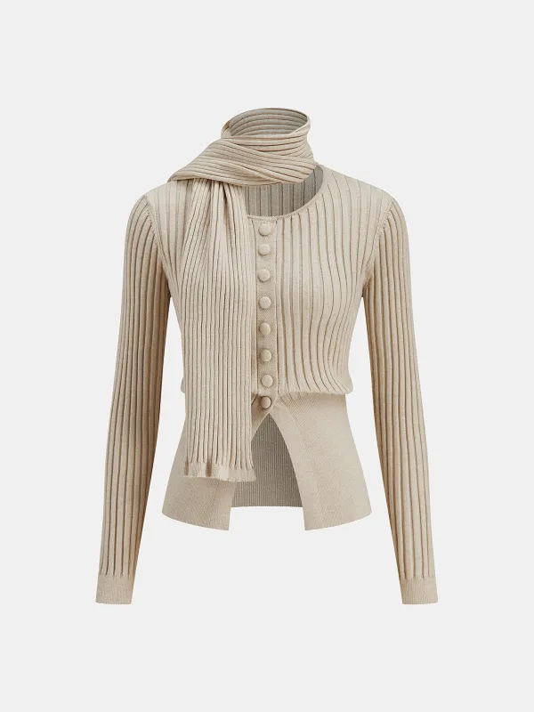 Button-Front Ribbed Knit Cardigan with Scarf sold by COMMENSE