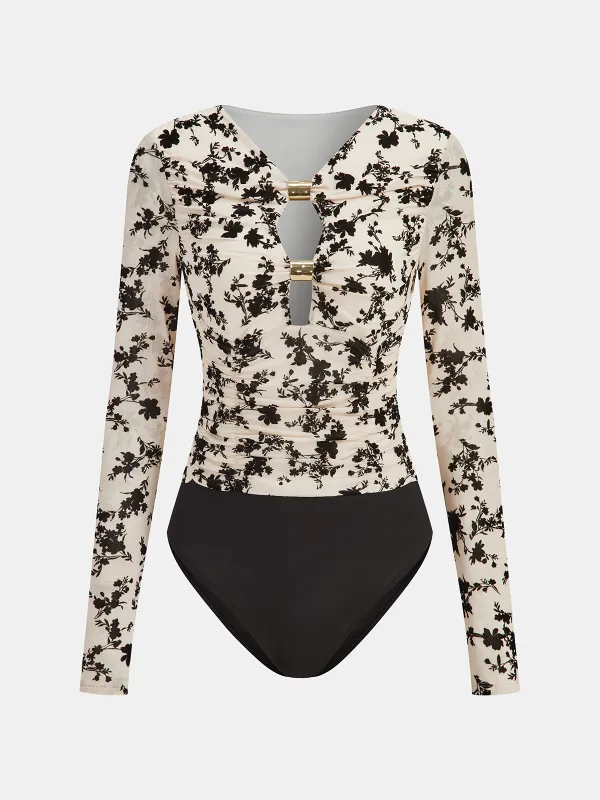 Metal Detail Floral Print Bodysuit sold by COMMENSE