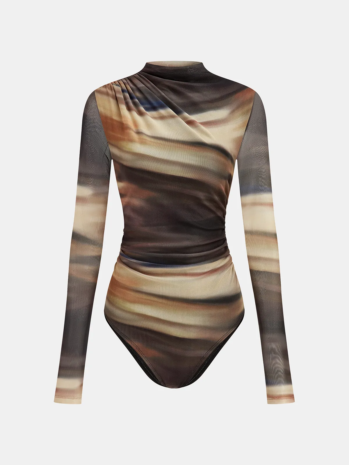 Mock Neck Abstract Print Mesh Bodysuit sold by COMMENSE