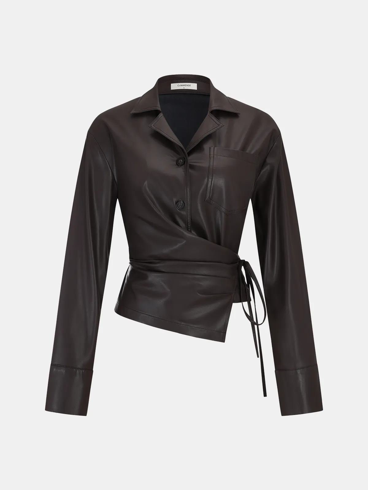Tie Waist Faux Leather Wrap Shirt sold by COMMENSE