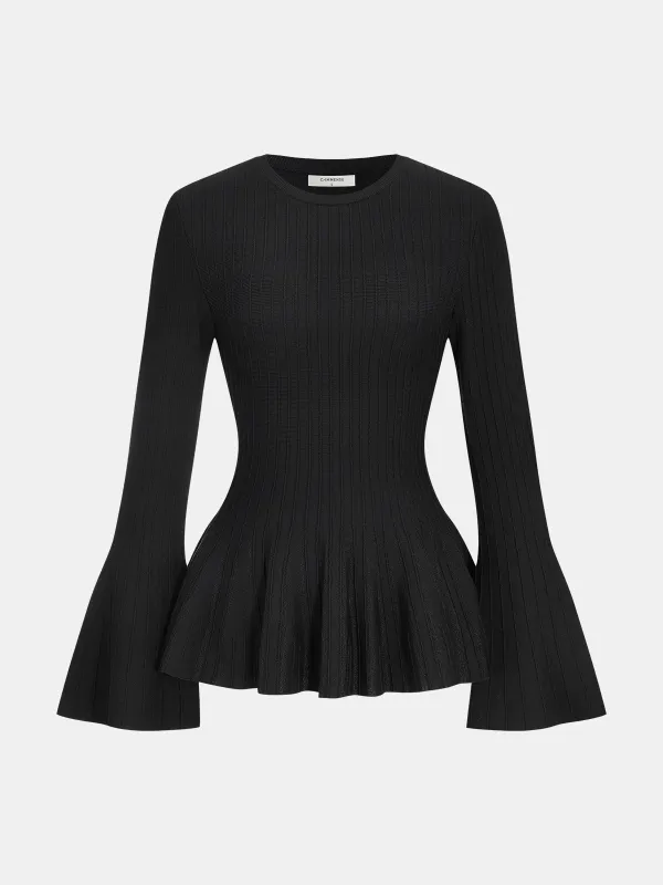 Flared Sleeve Peplum Knit Top sold by COMMENSE