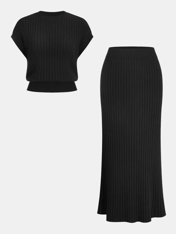 Knit Cap Sleeve Top and Midi Skirt Set sold by COMMENSE